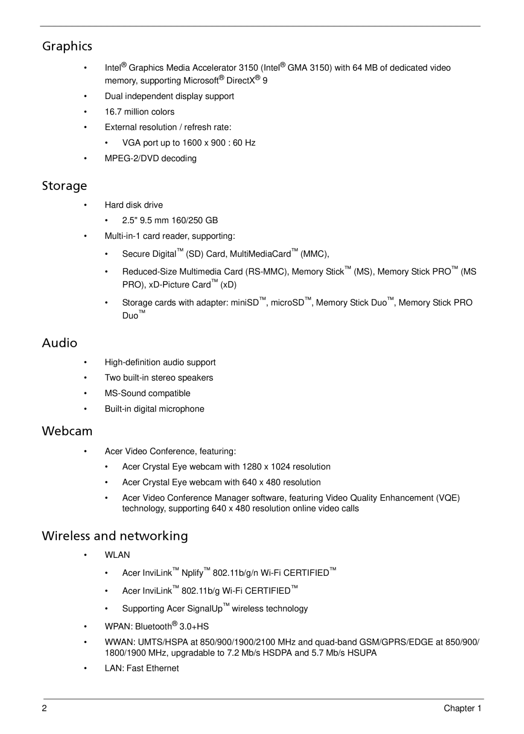 Acer 533 manual Graphics, Storage, Audio, Webcam, Wireless and networking 