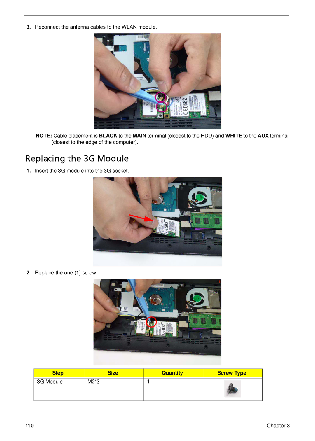 Acer 533 manual Replacing the 3G Module, Step Size Quantity Screw Type 3G Module M2*3 