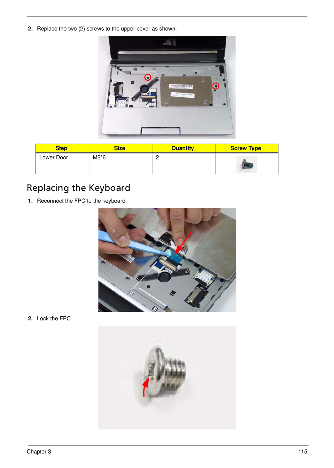 Acer 533 manual Replacing the Keyboard, Step Size Quantity Screw Type Lower Door M2*6 