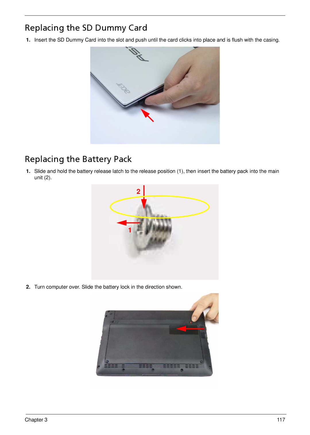 Acer 533 manual Replacing the SD Dummy Card, Replacing the Battery Pack 