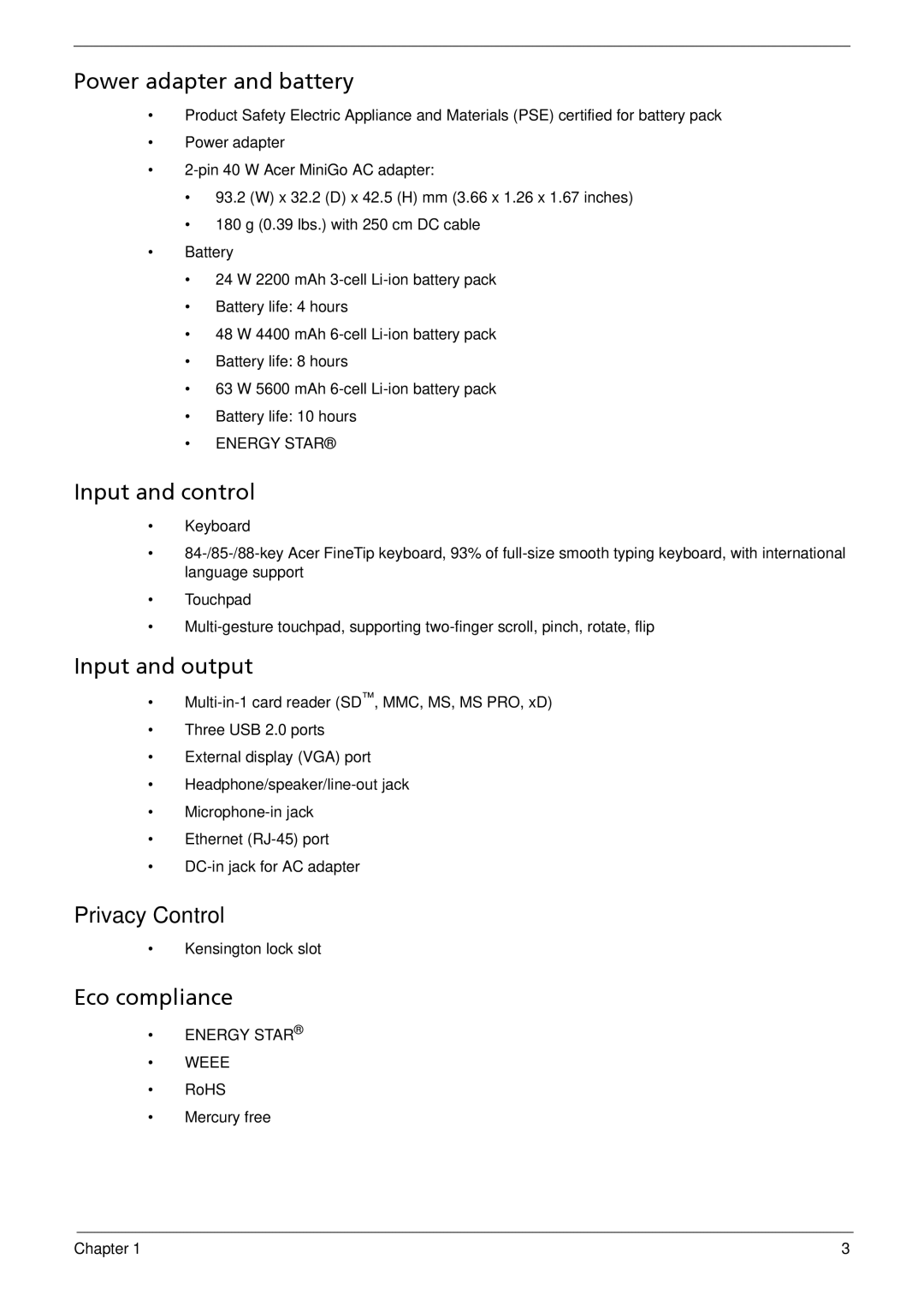 Acer 533 manual Power adapter and battery, Input and control, Input and output, Privacy Control, Eco compliance 