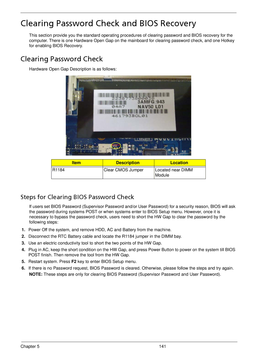 Acer 533 manual Clearing Password Check and Bios Recovery, Steps for Clearing Bios Password Check, Description Location 