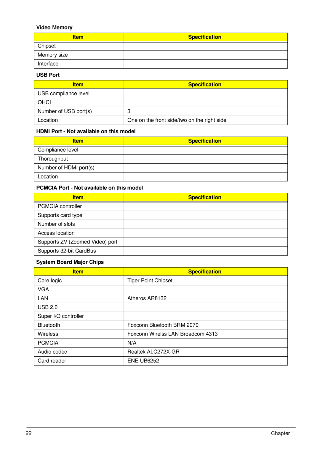 Acer 533 manual Video Memory Specification, USB Port Specification, Hdmi Port Not available on this model 