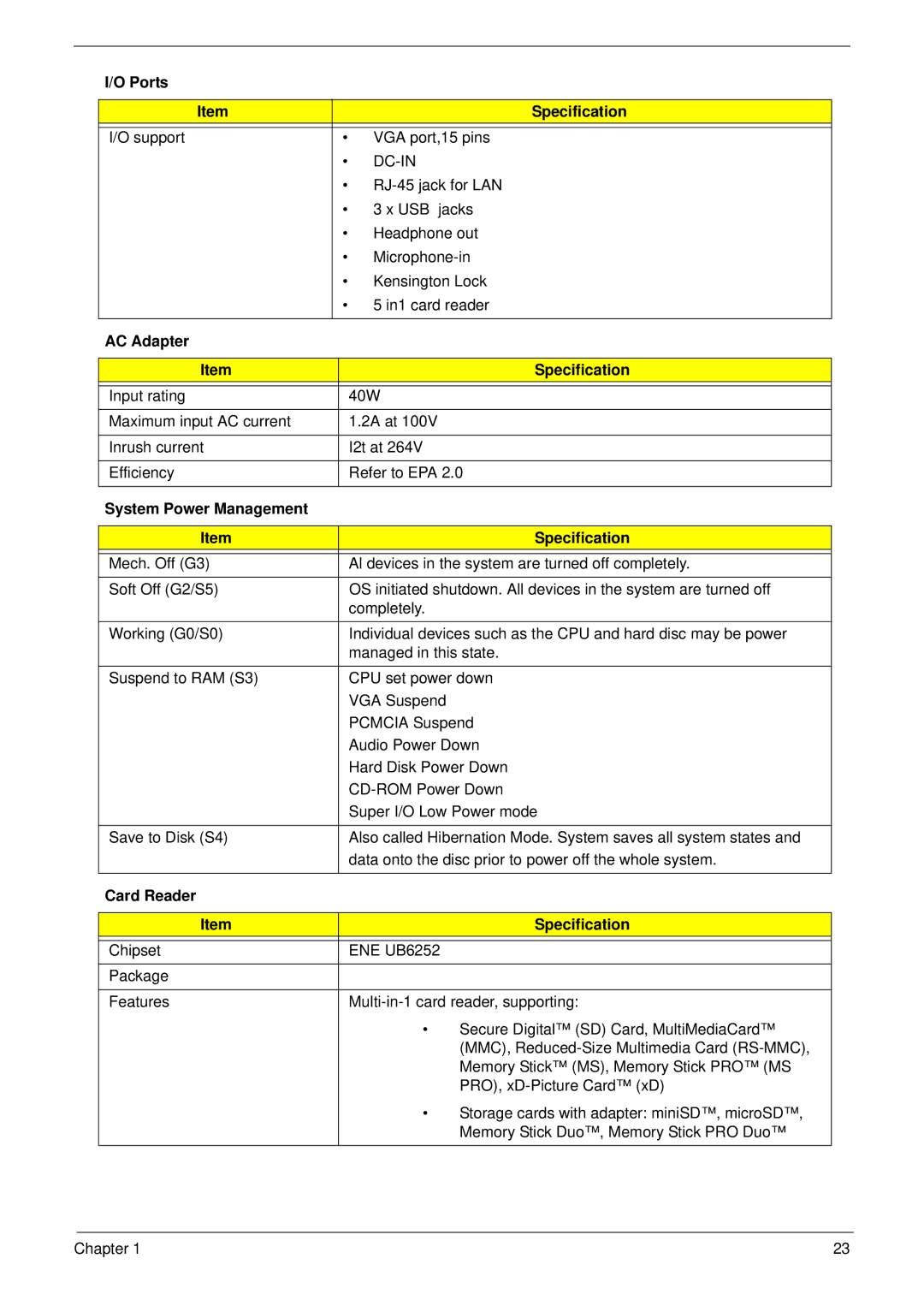 Acer 533 Ports Specification, AC Adapter Specification, System Power Management Specification, Card Reader Specification 