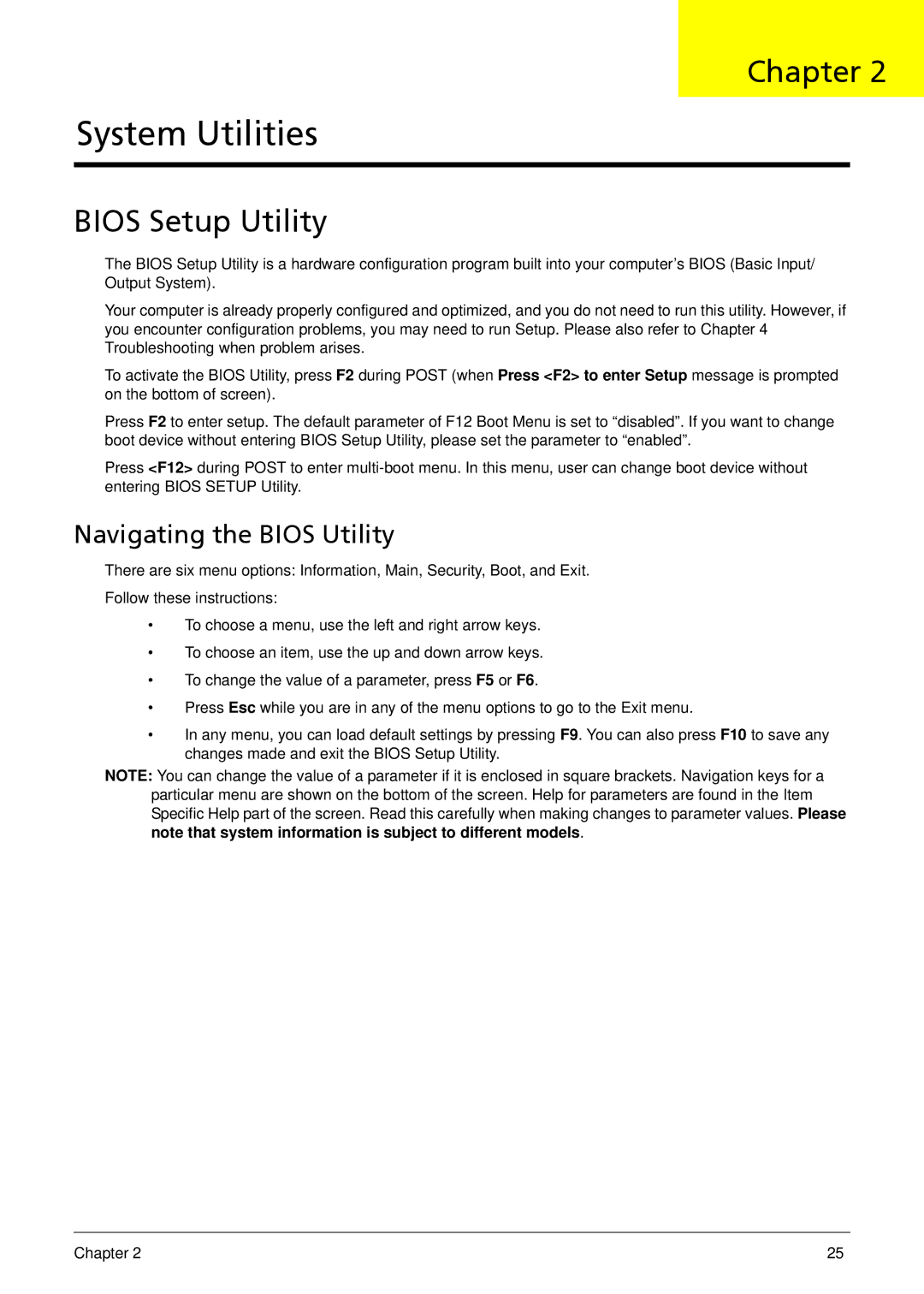 Acer 533 manual Bios Setup Utility, Navigating the Bios Utility 