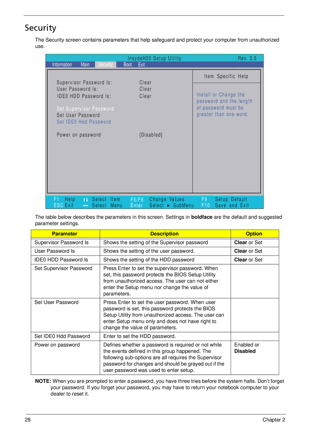 Acer 533 manual Security, Parameter Description Option, Clear or Set, Disabled 