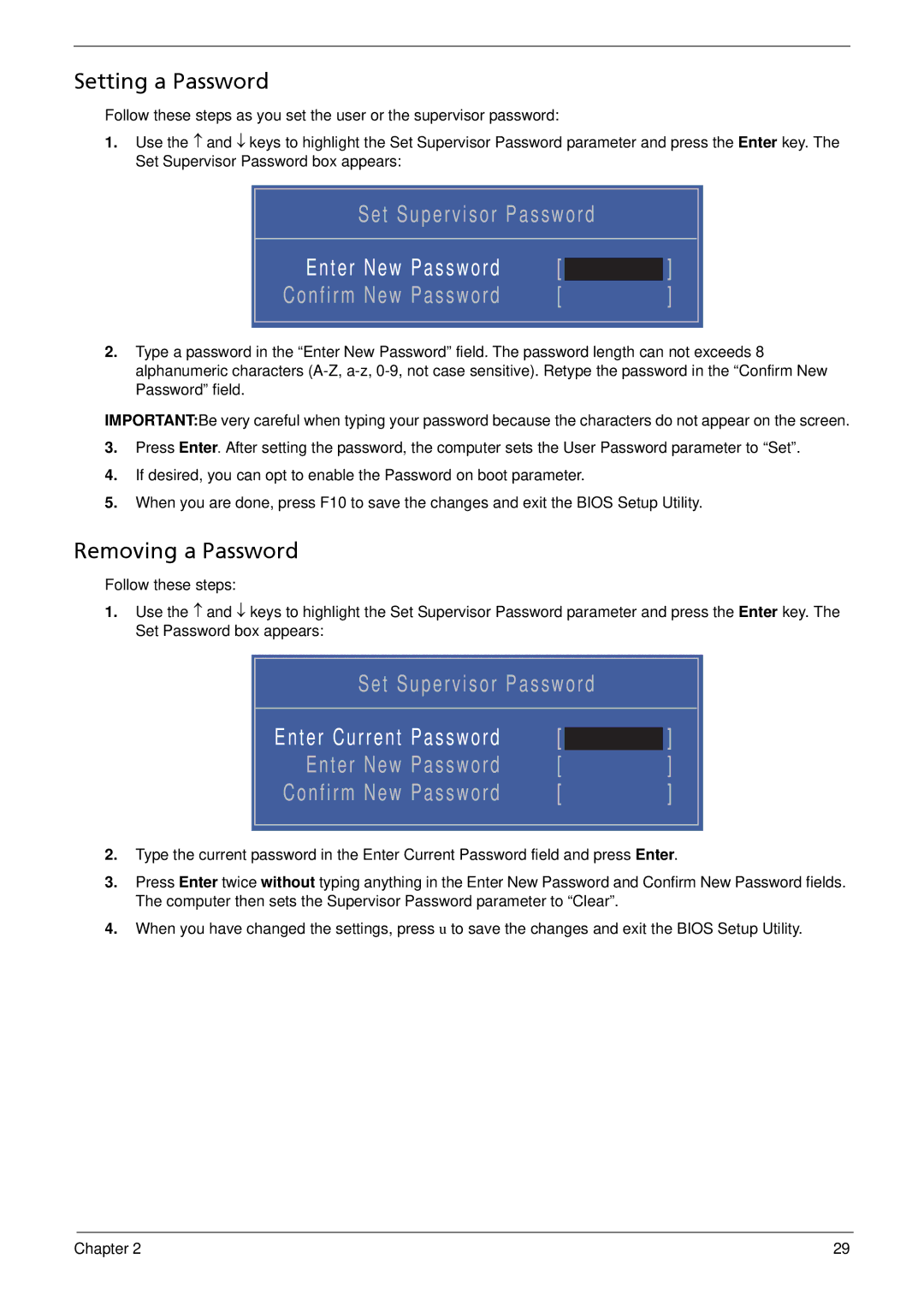 Acer 533 manual Setting a Password, Removing a Password 