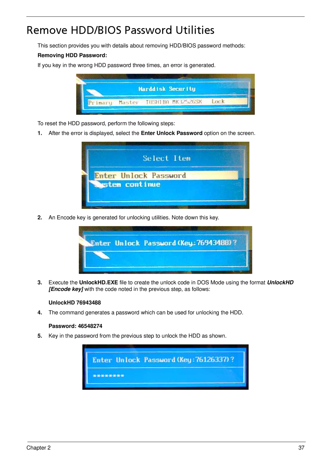 Acer 533 manual Remove HDD/BIOS Password Utilities, Removing HDD Password, UnlockHD 