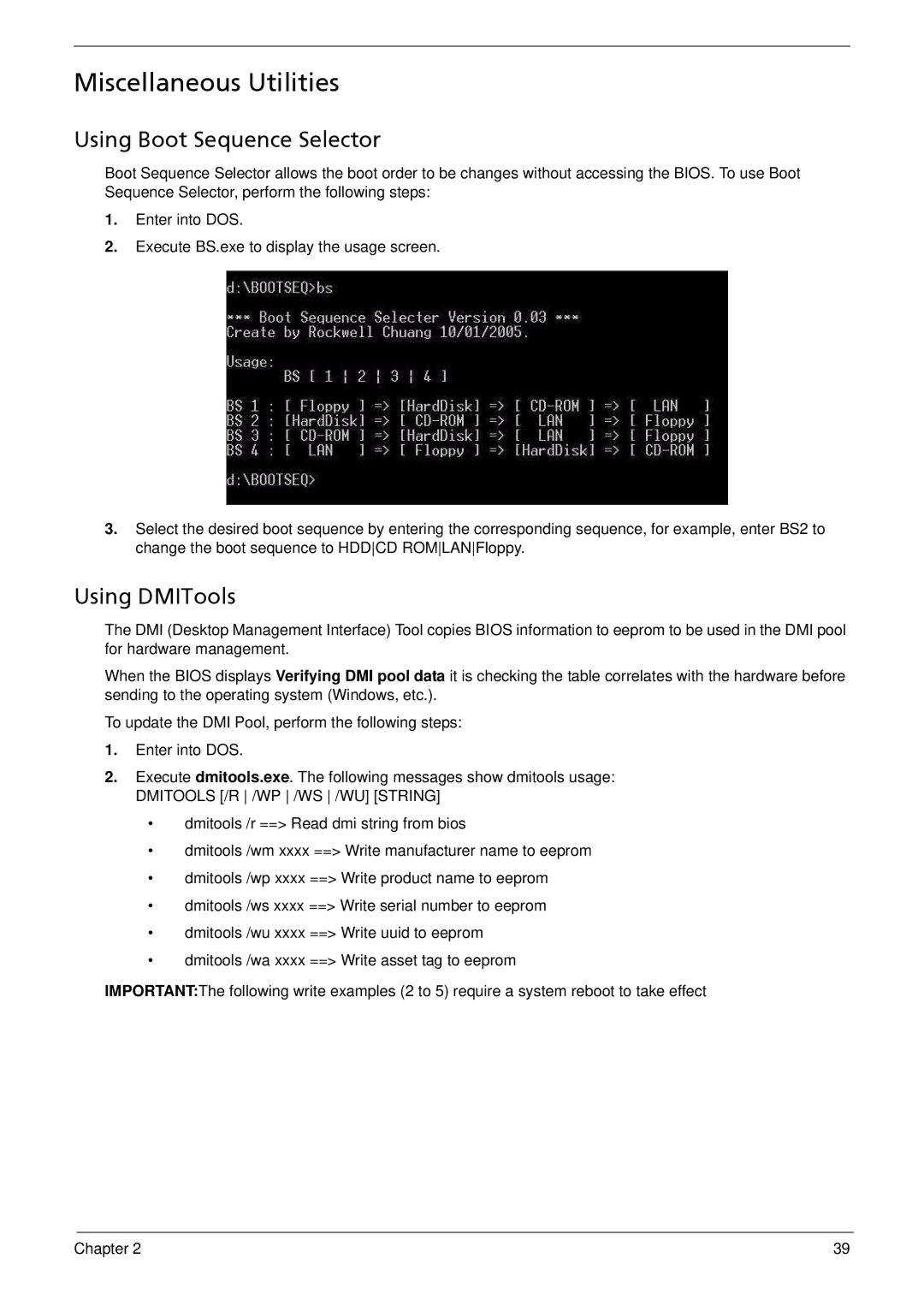 Acer 533 manual Miscellaneous Utilities, Using Boot Sequence Selector, Using DMITools 