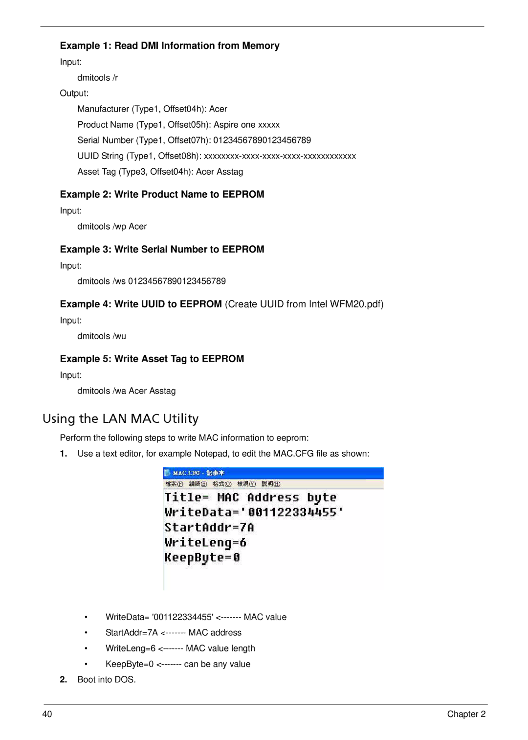 Acer 533 manual Using the LAN MAC Utility, Example 1 Read DMI Information from Memory 