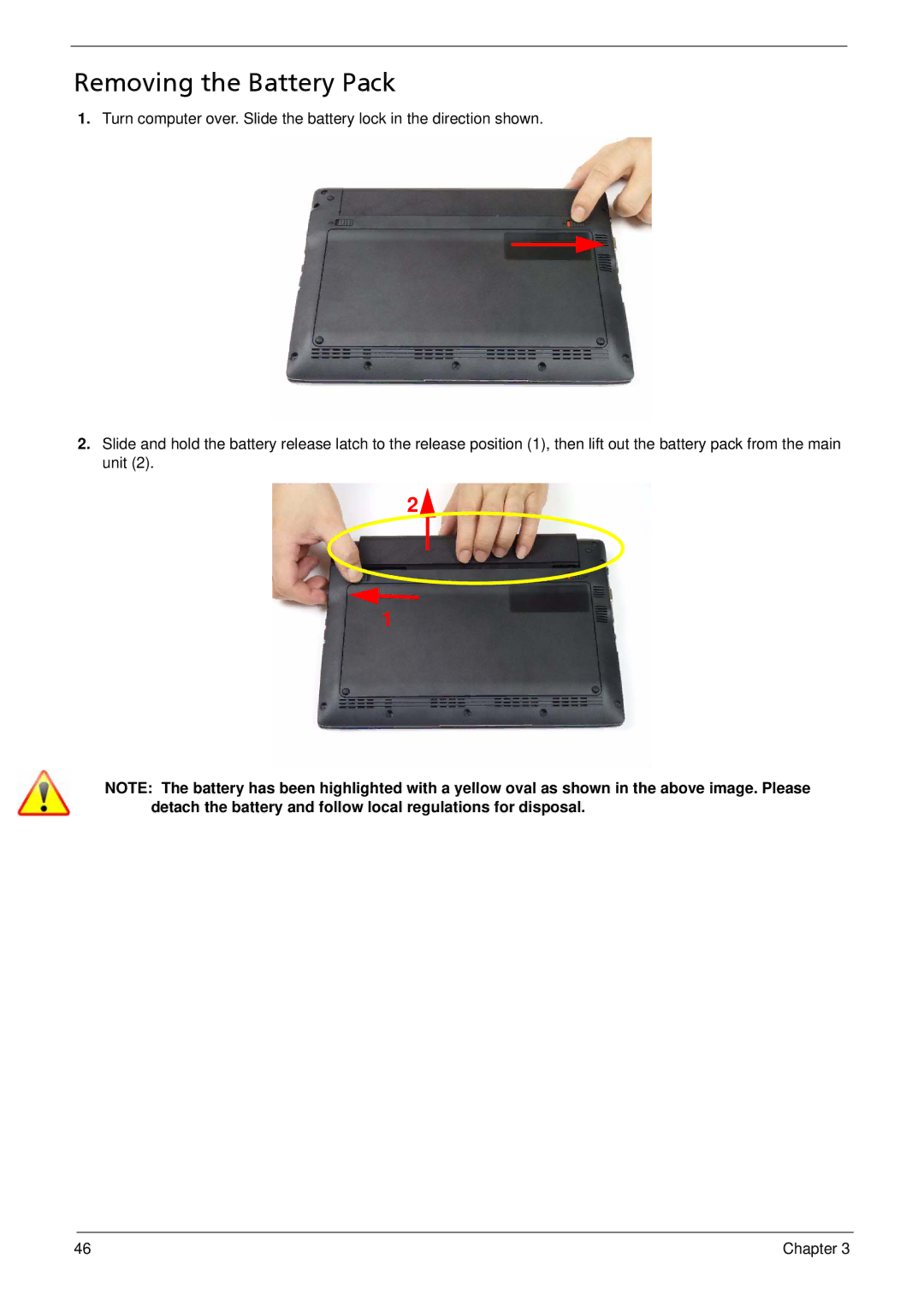 Acer 533 manual Removing the Battery Pack 