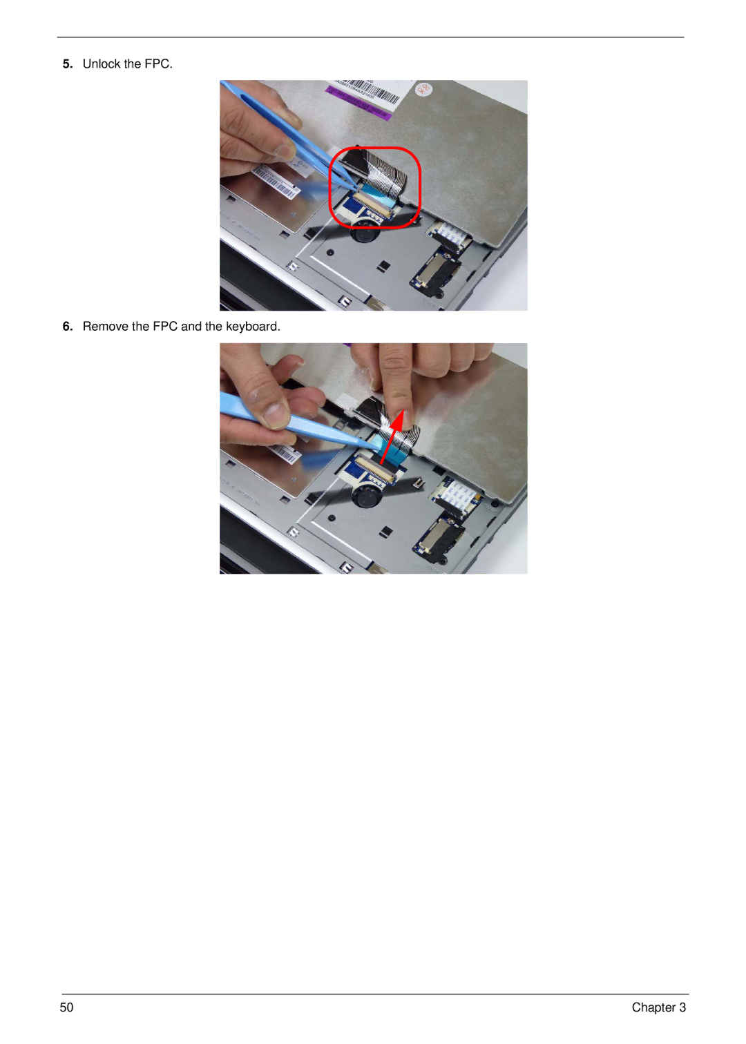 Acer 533 manual Unlock the FPC Remove the FPC and the keyboard 