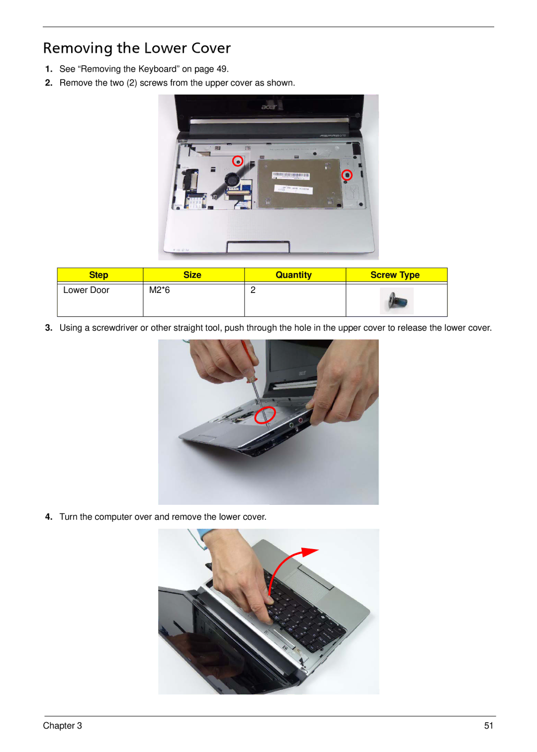 Acer 533 manual Removing the Lower Cover, Step Size Quantity Screw Type Lower Door M2*6 