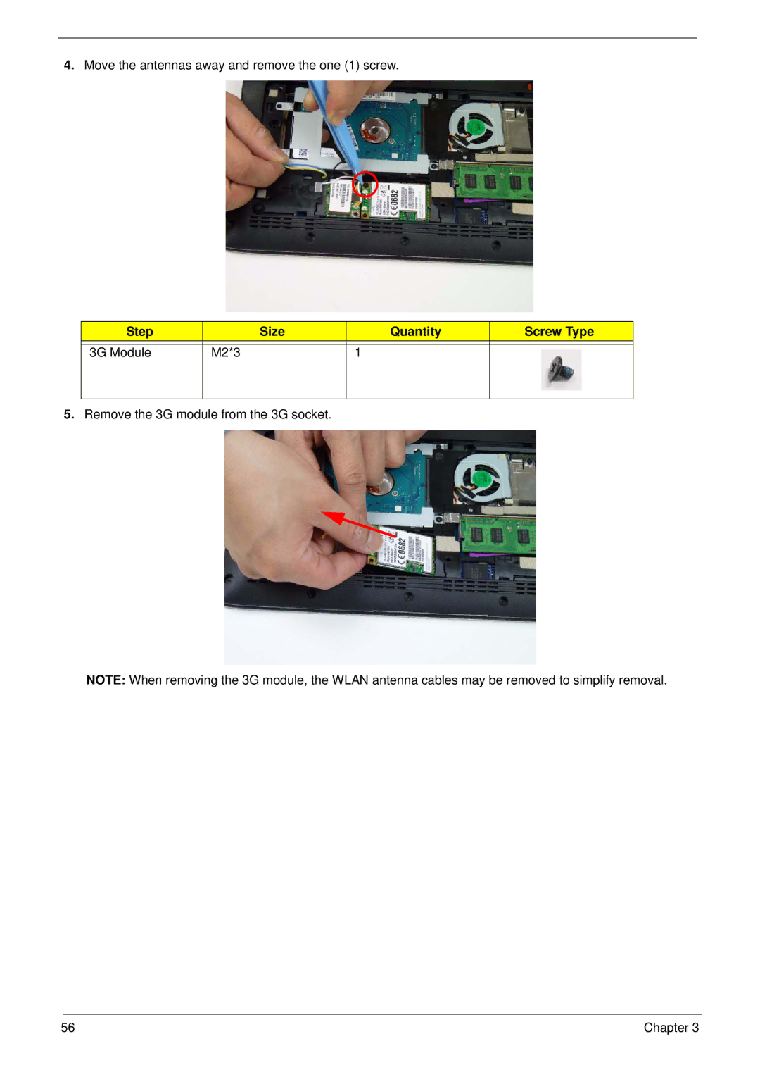 Acer 533 manual Step Size Quantity Screw Type 3G Module M2*3 