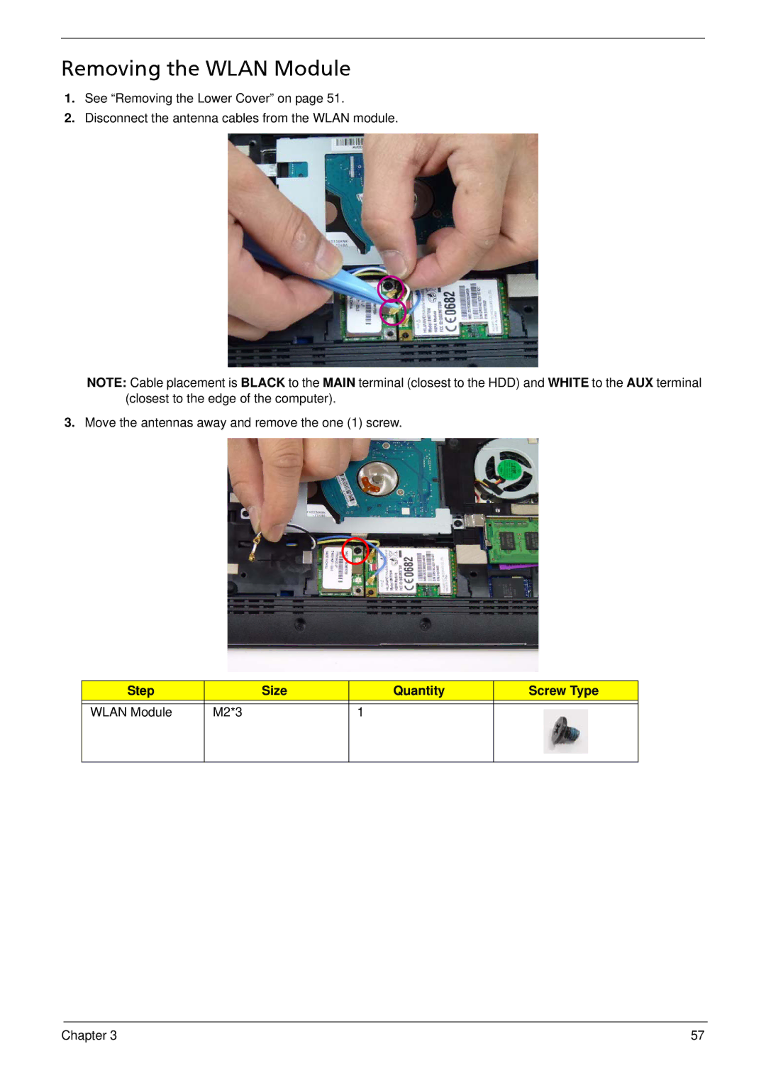 Acer 533 manual Removing the Wlan Module, Step Size Quantity Screw Type Wlan Module M2*3 