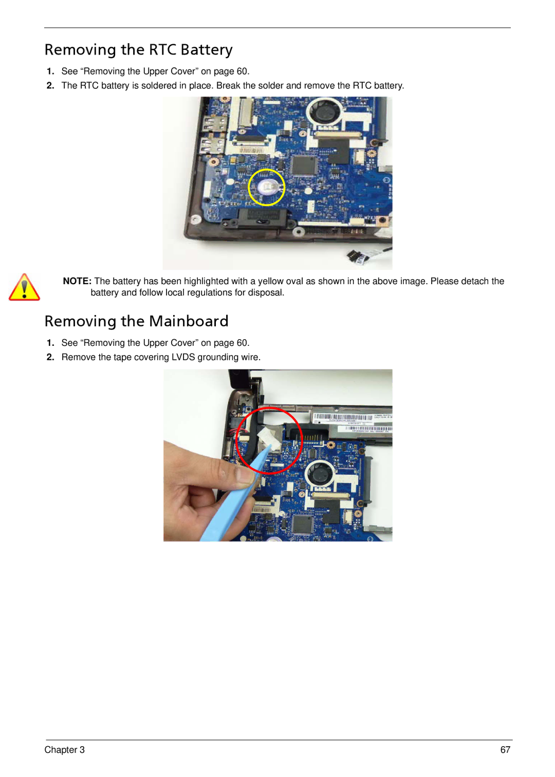 Acer 533 manual Removing the RTC Battery, Removing the Mainboard 