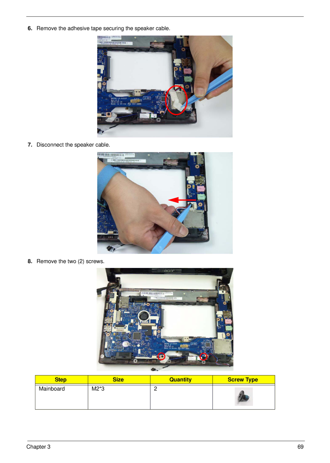 Acer 533 manual Step Size Quantity Screw Type Mainboard M2*3 