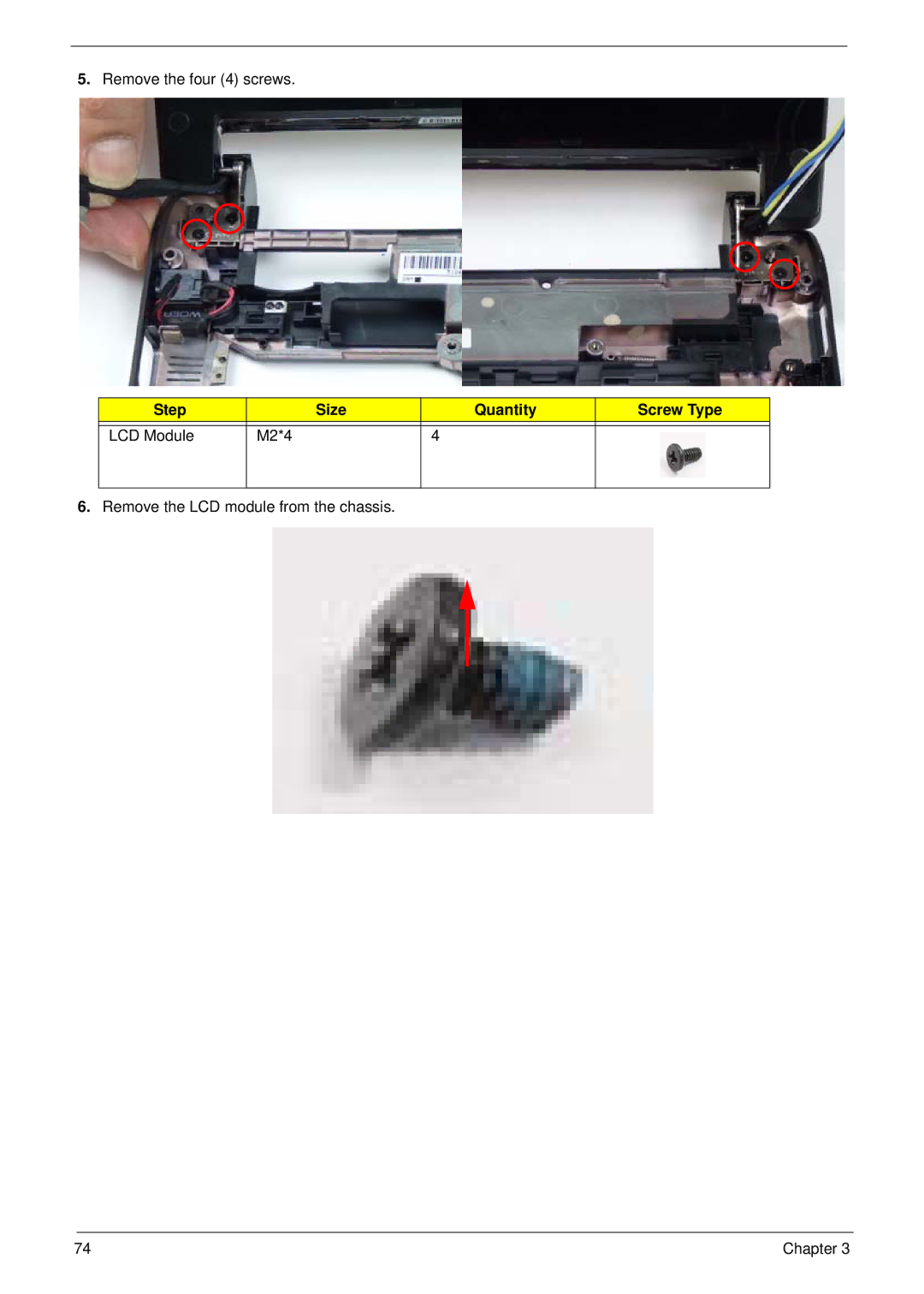 Acer 533 manual Step Size Quantity Screw Type LCD Module M2*4 