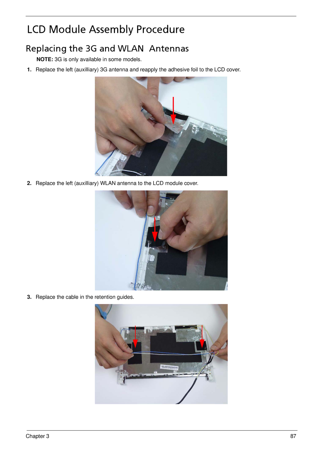 Acer 533 manual LCD Module Assembly Procedure, Replacing the 3G and Wlan Antennas 