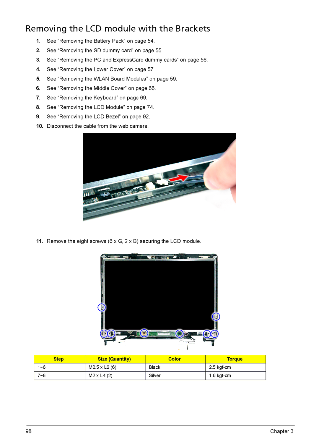 Acer 5330, 5230 manual Removing the LCD module with the Brackets 