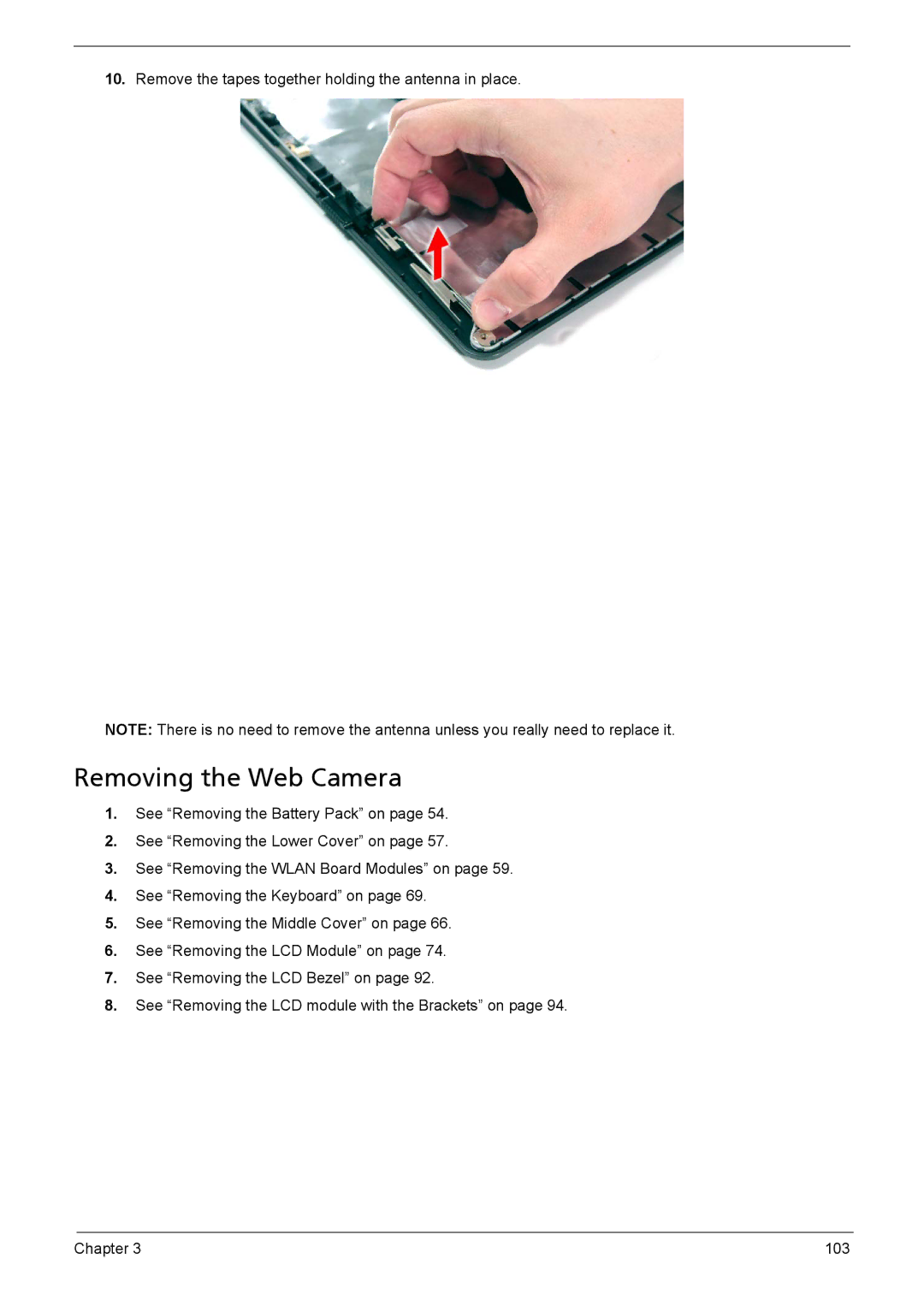 Acer 5230, 5330 manual Removing the Web Camera 