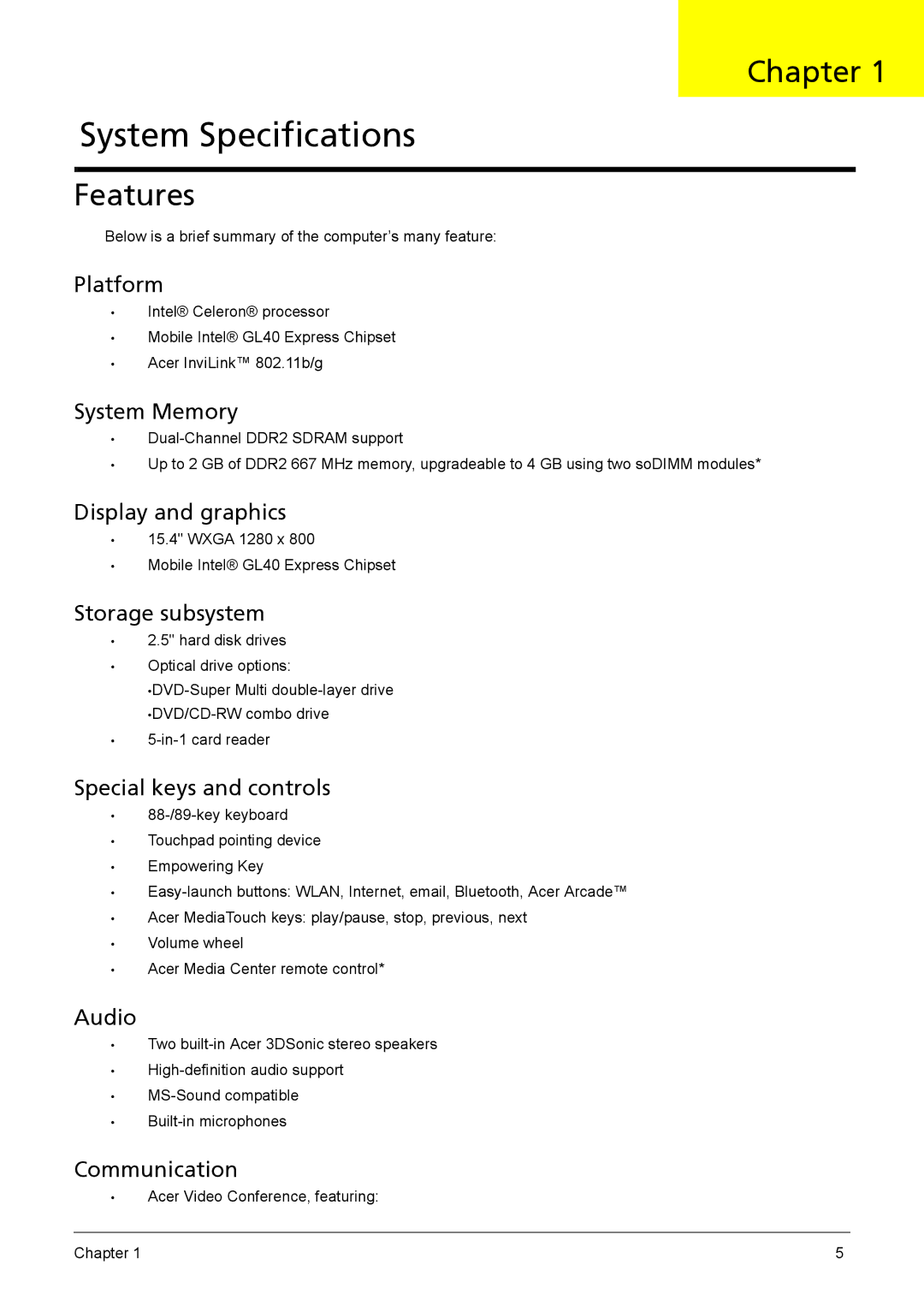 Acer 5230, 5330 manual Chapter, Features 