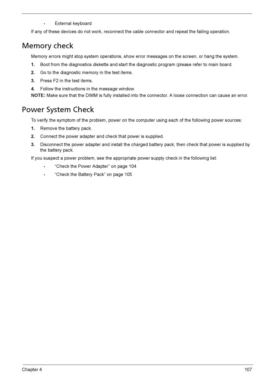 Acer 5230, 5330 manual Memory check, Power System Check 