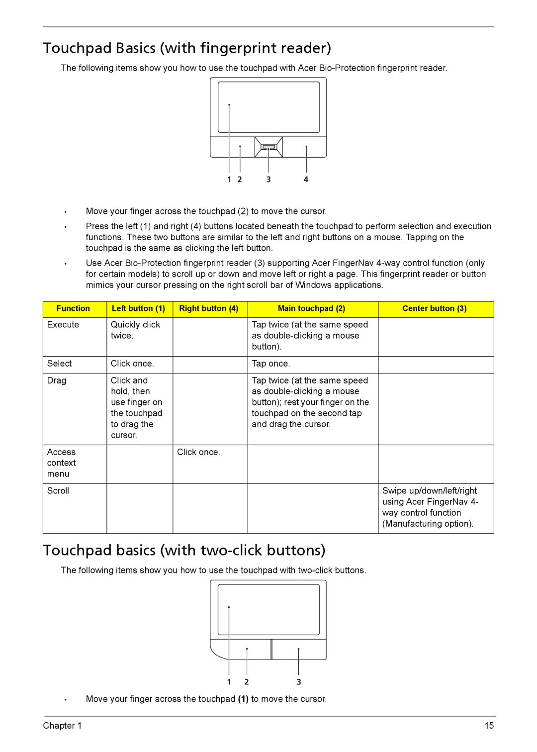 Acer 5230, 5330 manual Touchpad Basics with fingerprint reader, Touchpad basics with two-click buttons 