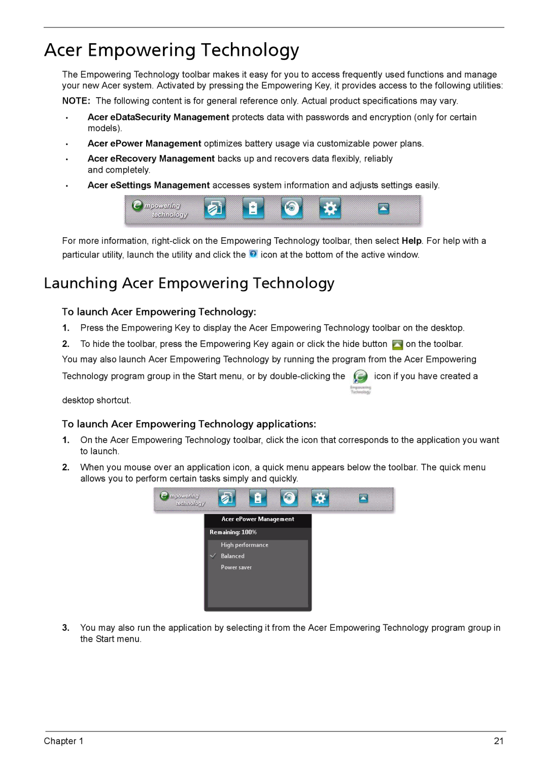 Acer 5230, 5330 manual Launching Acer Empowering Technology 