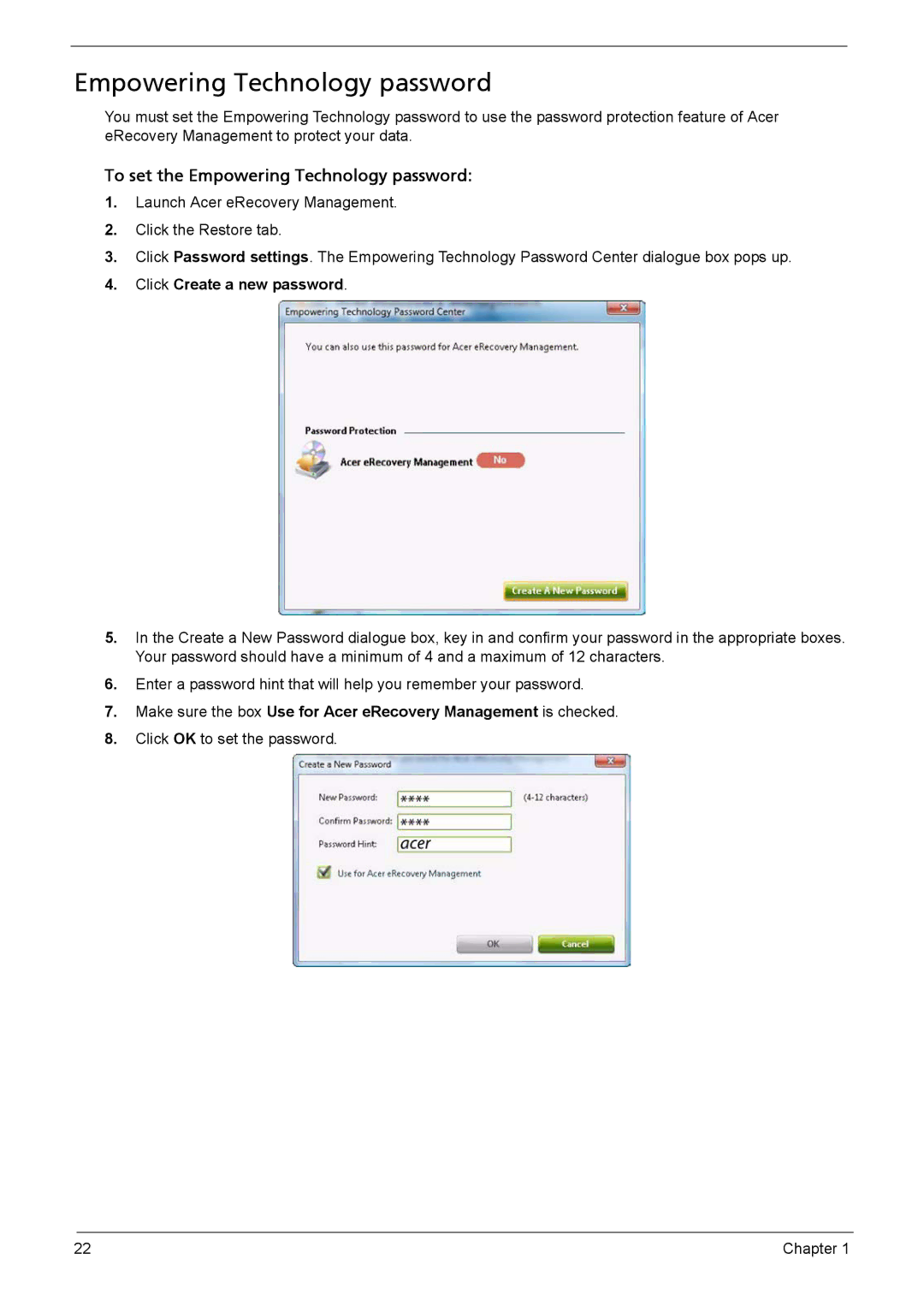 Acer 5330, 5230 manual Empowering Technology password, Click Create a new password 