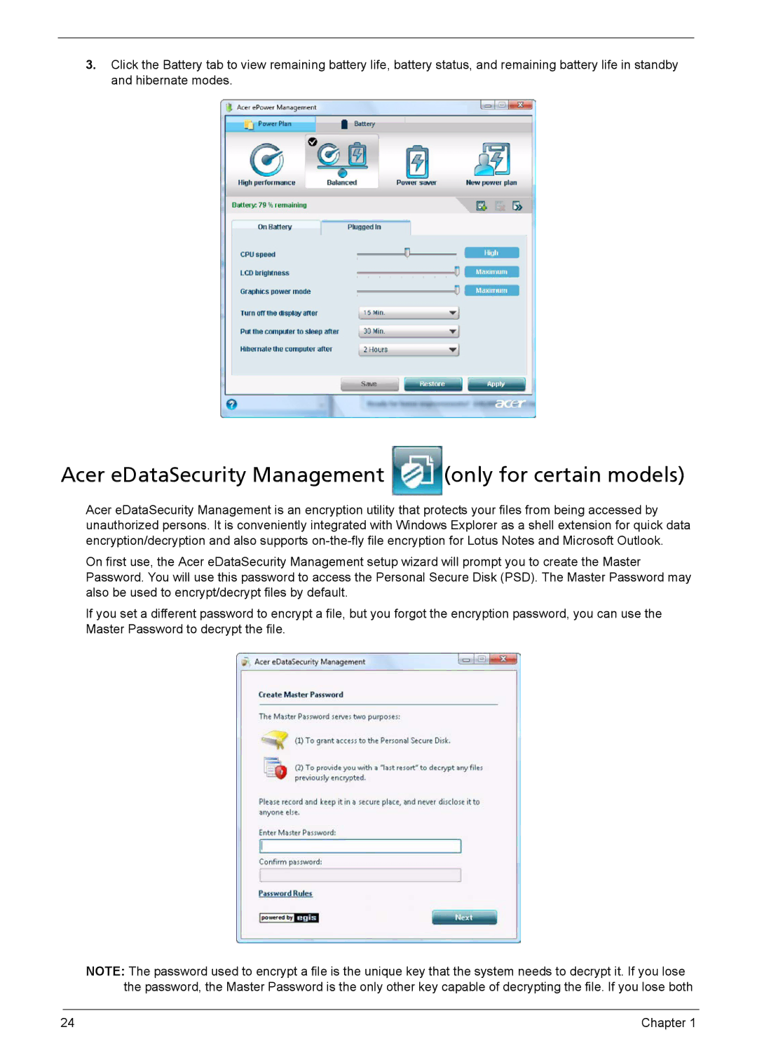 Acer 5330, 5230 manual Acer eDataSecurity Management only for certain models 