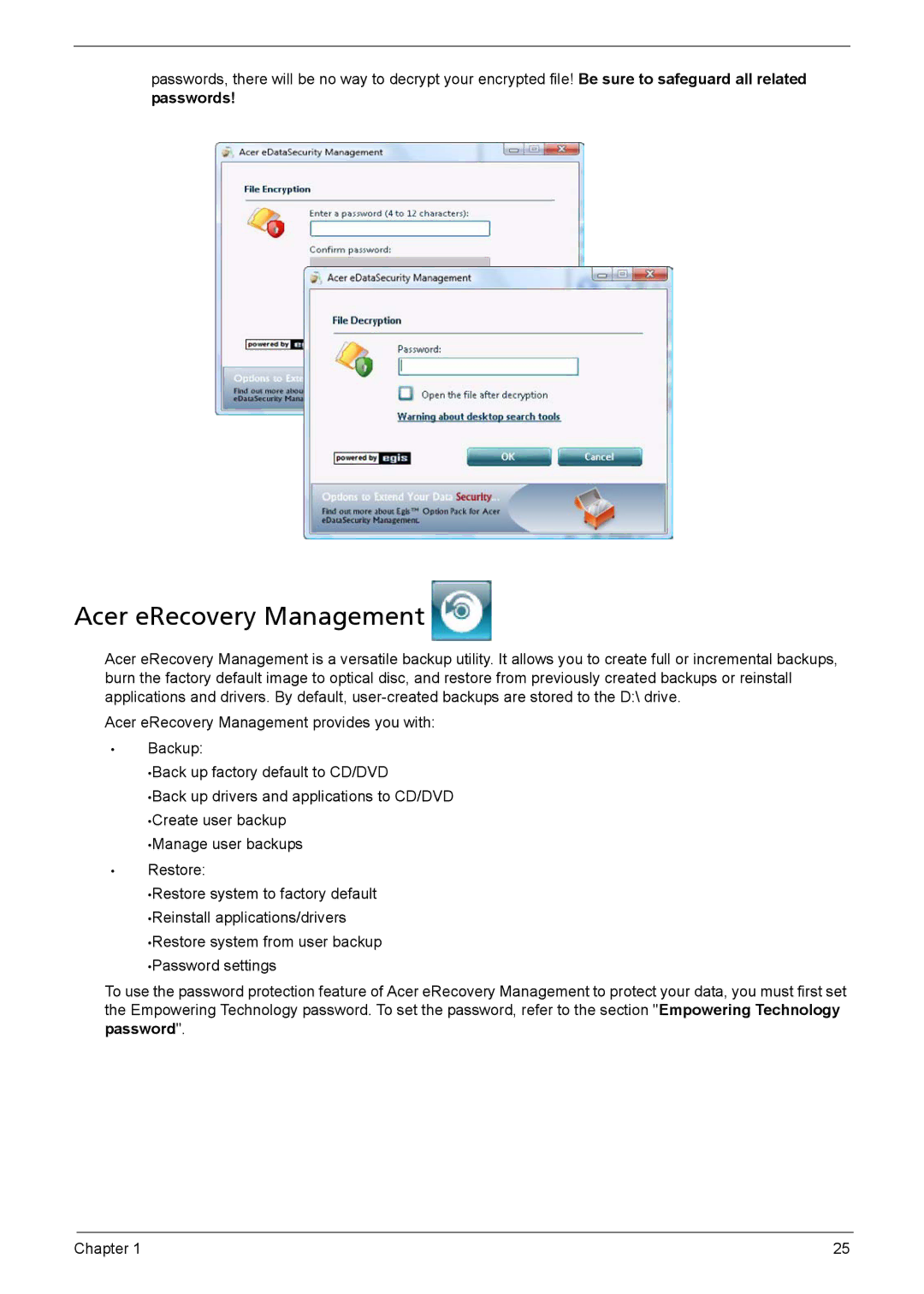 Acer 5230, 5330 manual Acer eRecovery Management 