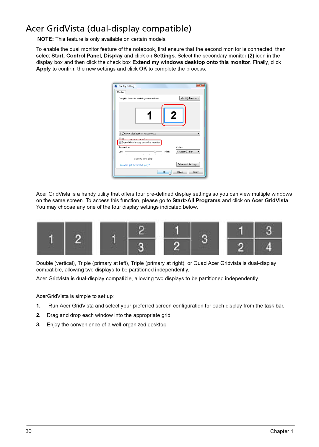 Acer 5330, 5230 manual Acer GridVista dual-display compatible 
