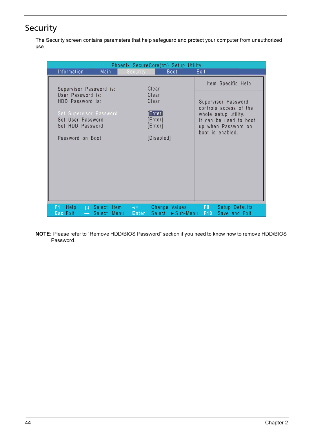 Acer 5330, 5230 manual Security, F10 S a v e a n d E x i t 