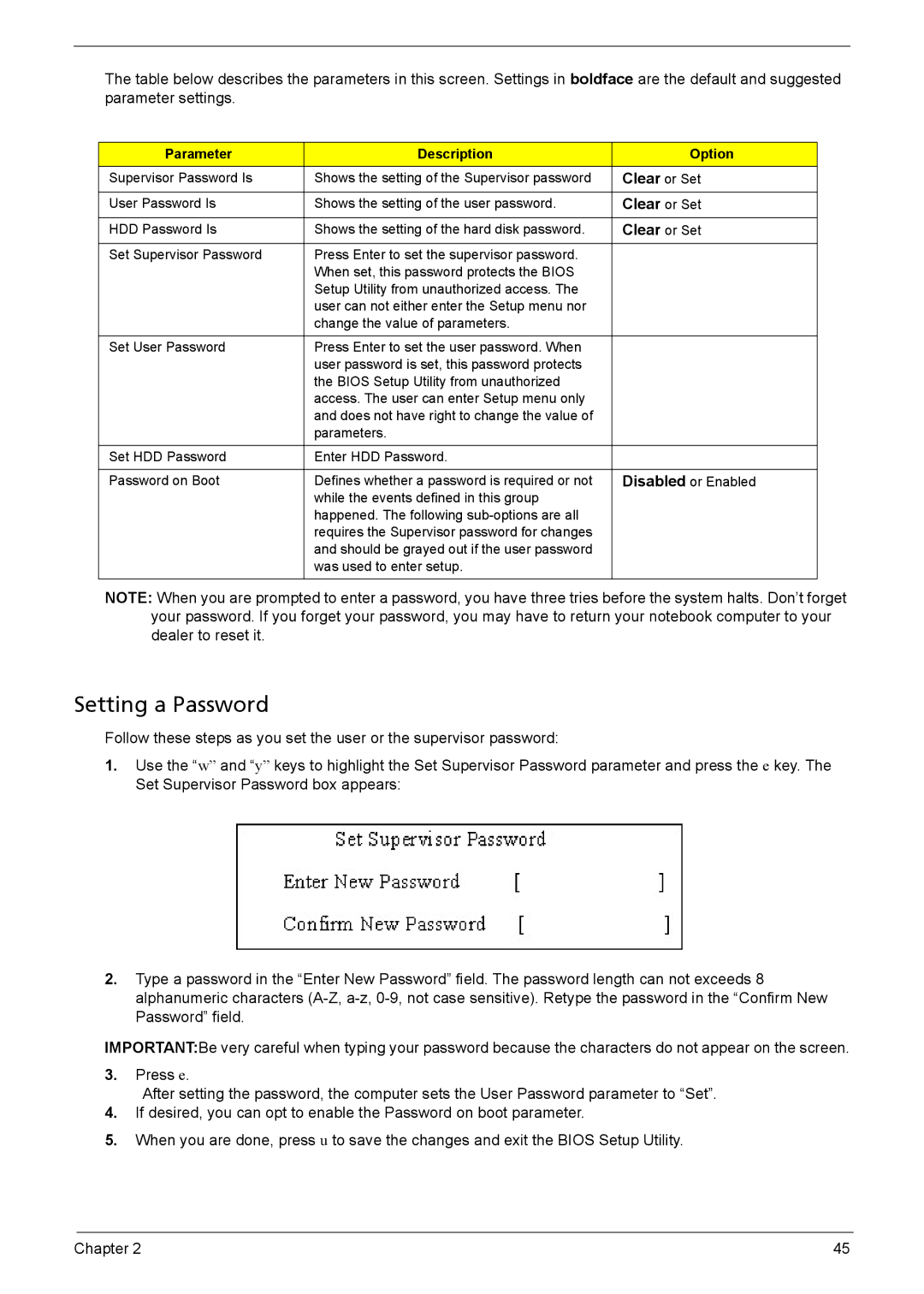 Acer 5230, 5330 manual Setting a Password, Clear or Set 