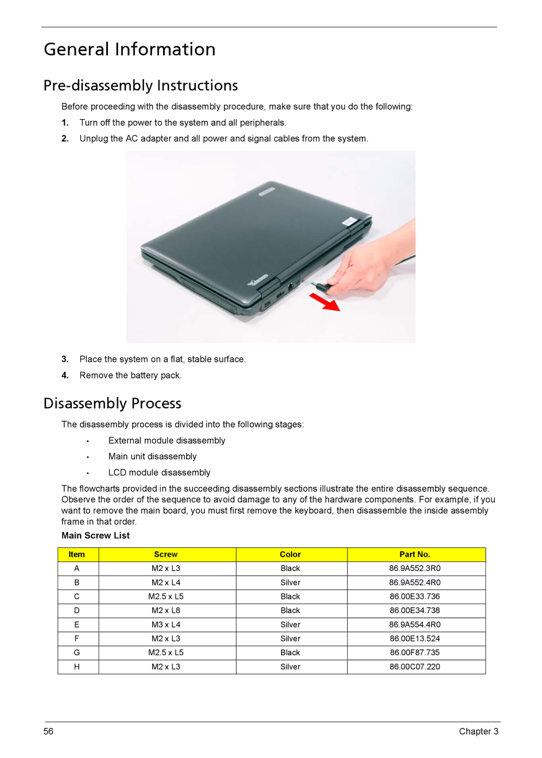 Acer 5330, 5230 manual General Information, Pre-disassembly Instructions, Disassembly Process, Main Screw List 