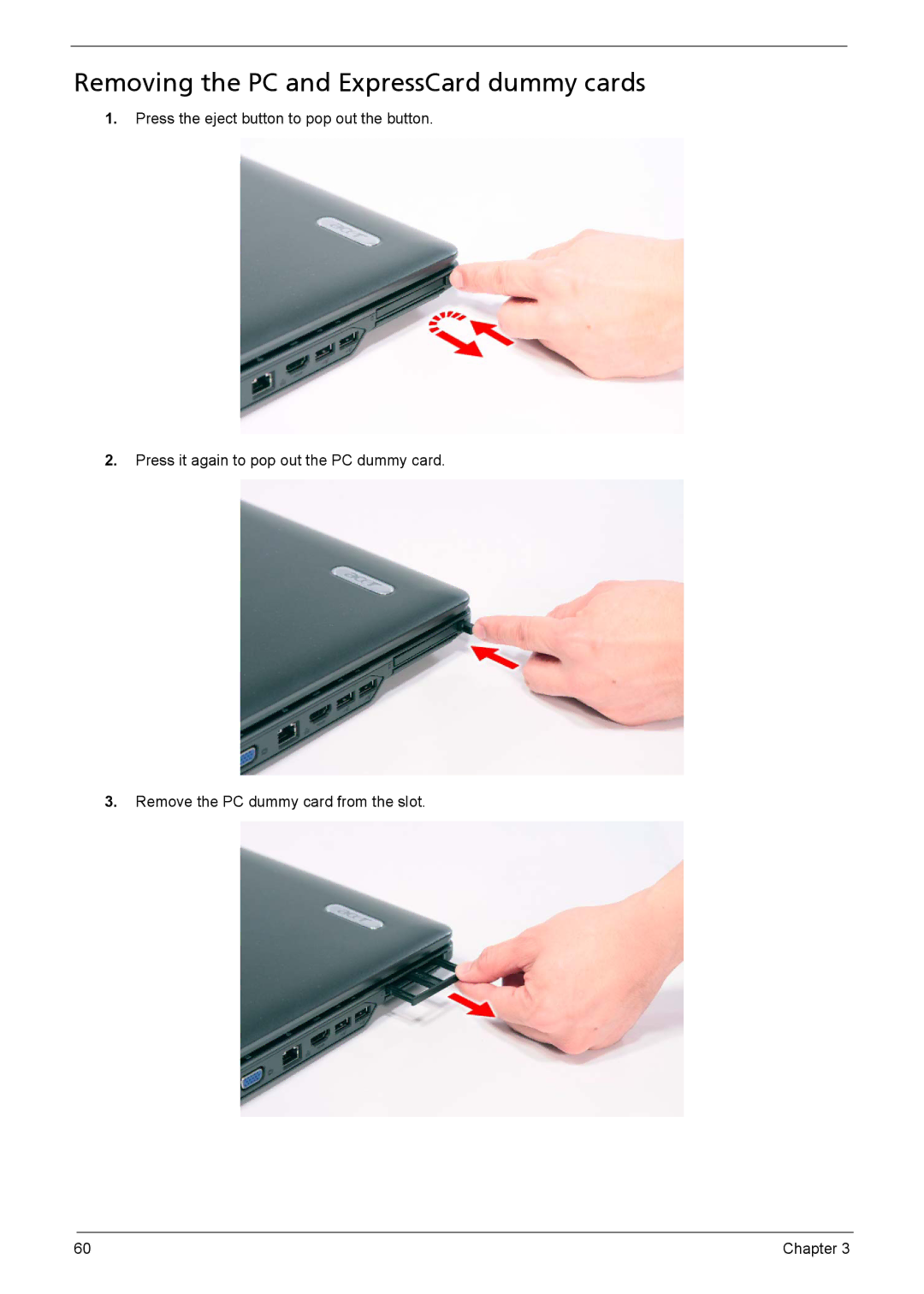 Acer 5330, 5230 manual Removing the PC and ExpressCard dummy cards 