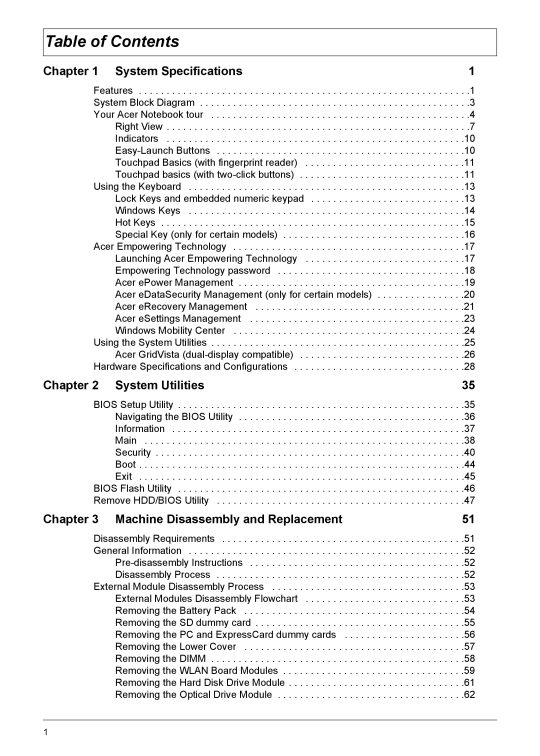 Acer 5230, 5330 manual Table of Contents 