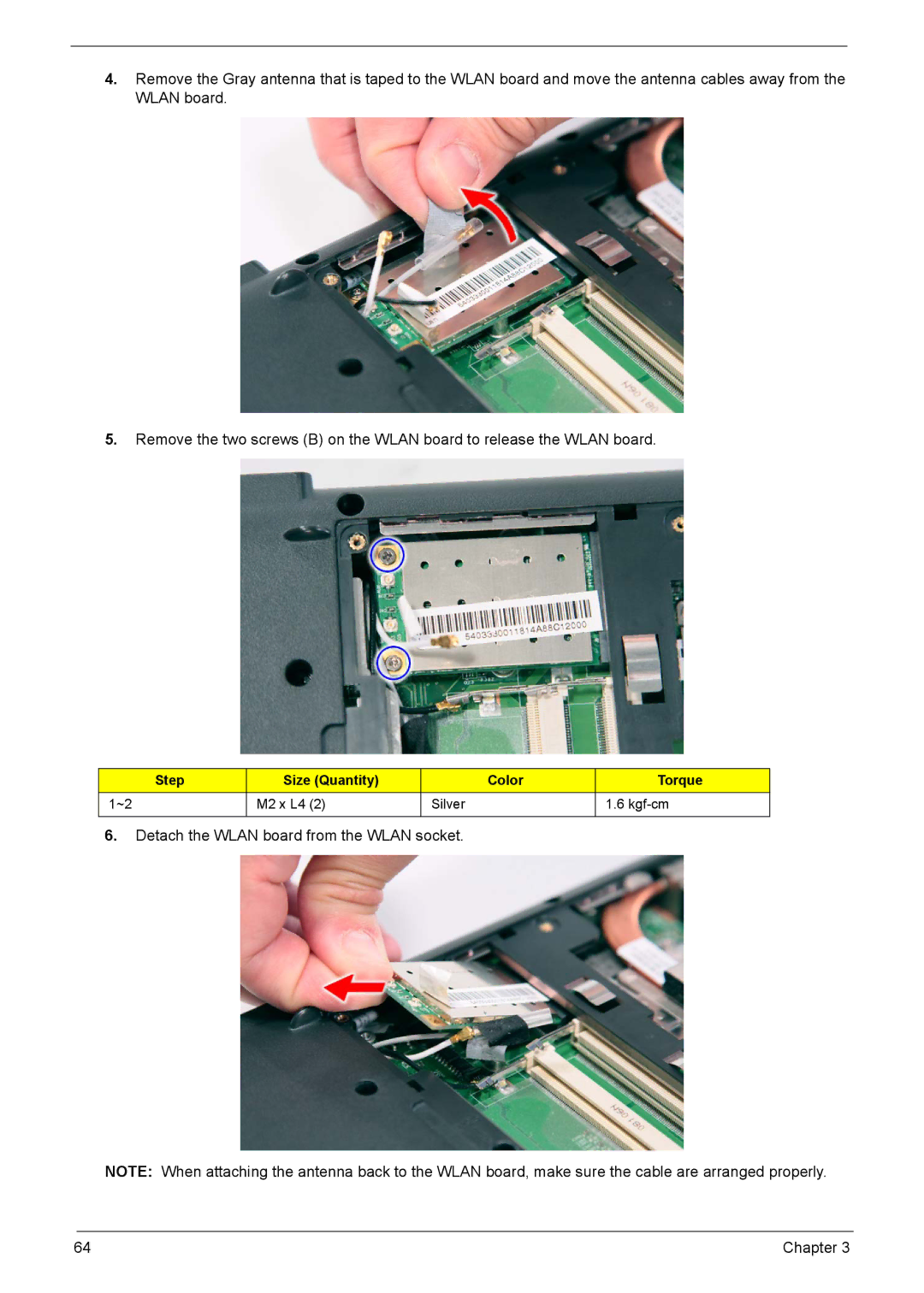 Acer 5330, 5230 manual Detach the Wlan board from the Wlan socket 