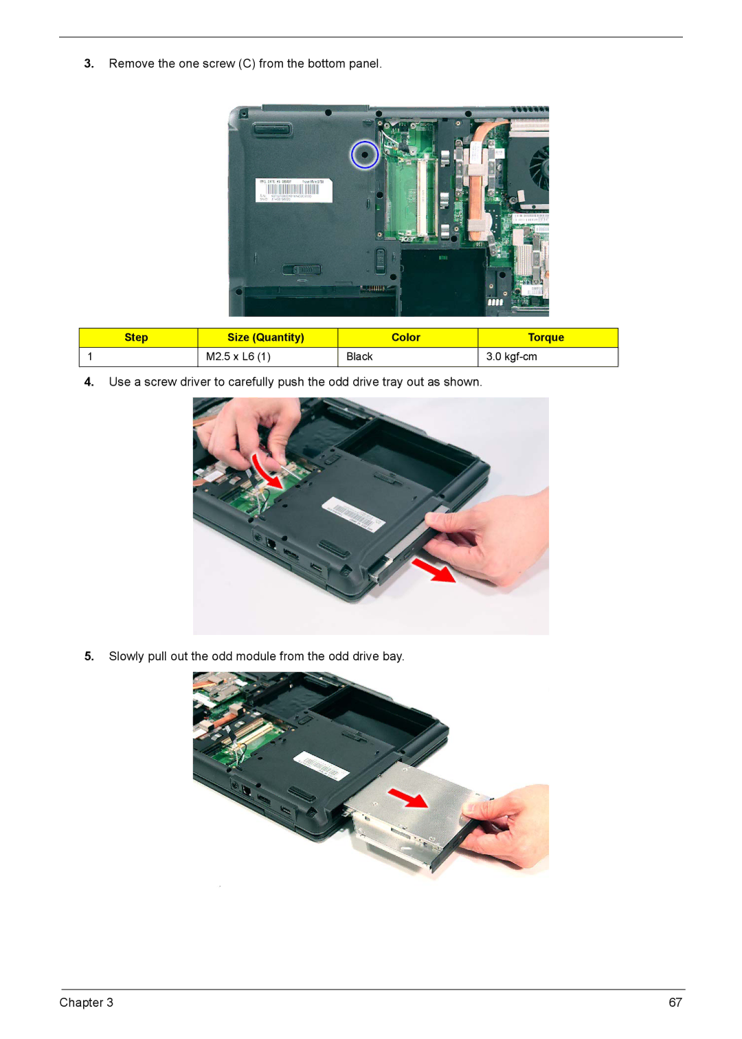 Acer 5230, 5330 manual Remove the one screw C from the bottom panel 