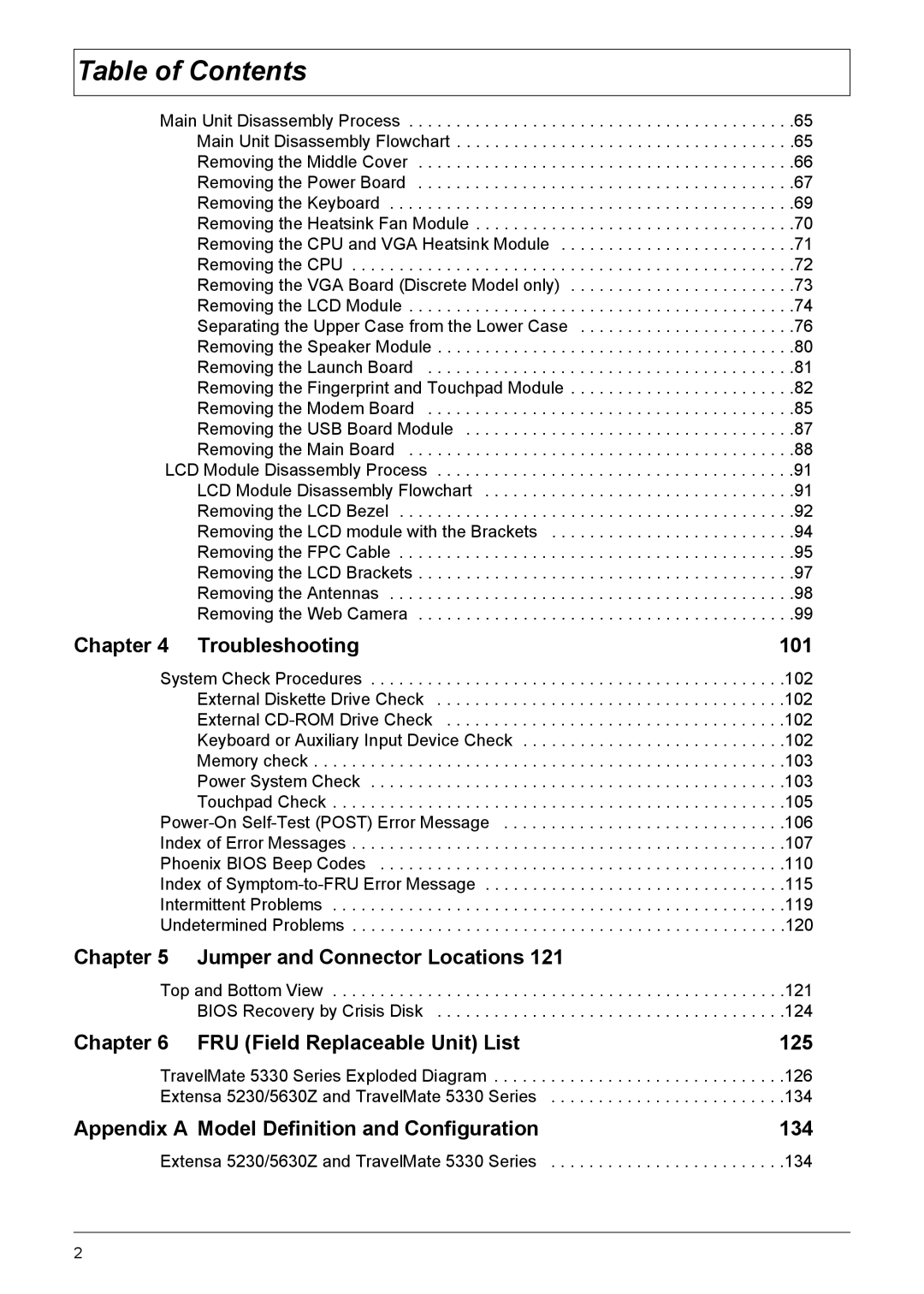 Acer 5330, 5230 manual Jumper and Connector Locations 