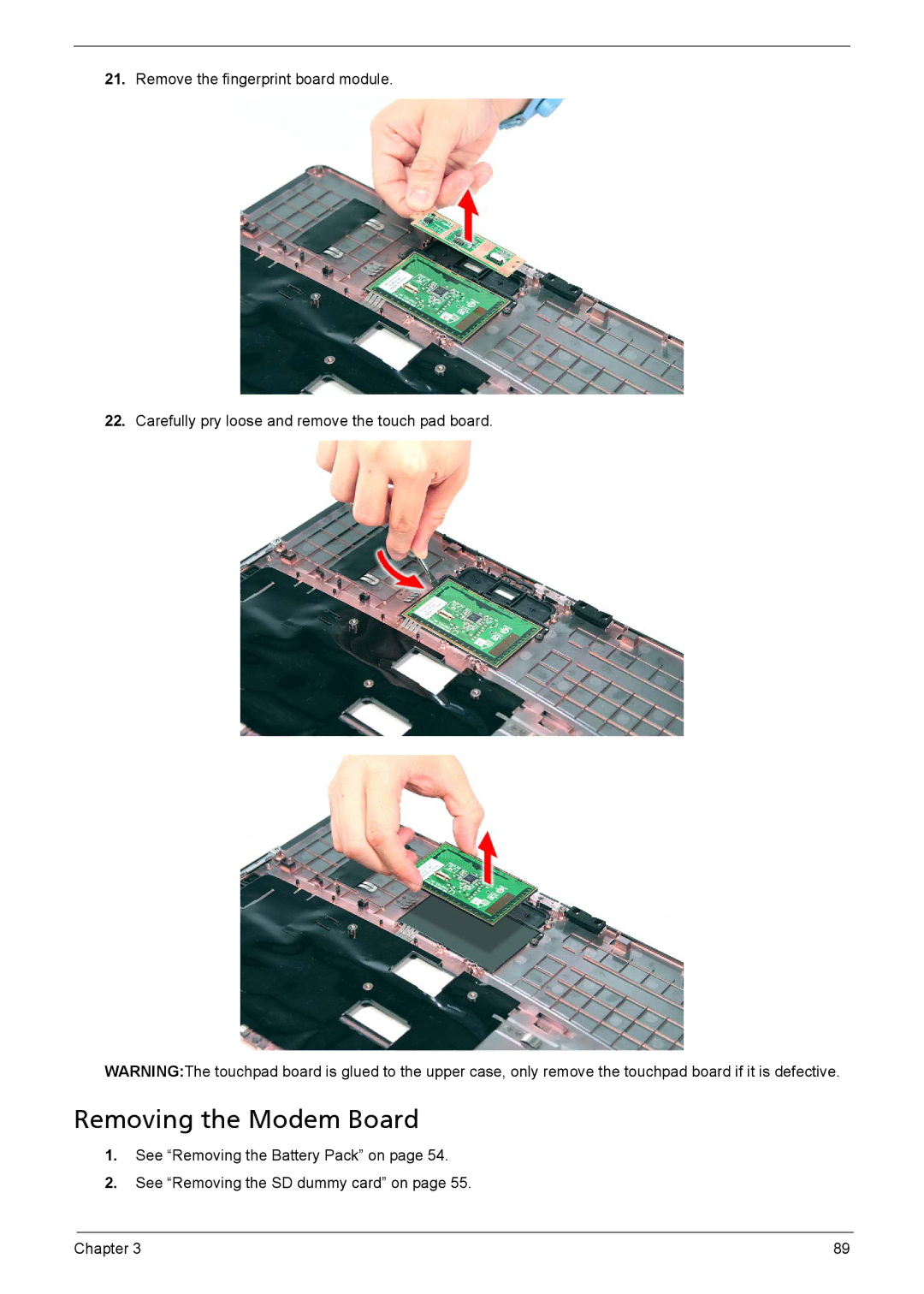 Acer 5230, 5330 manual Removing the Modem Board 