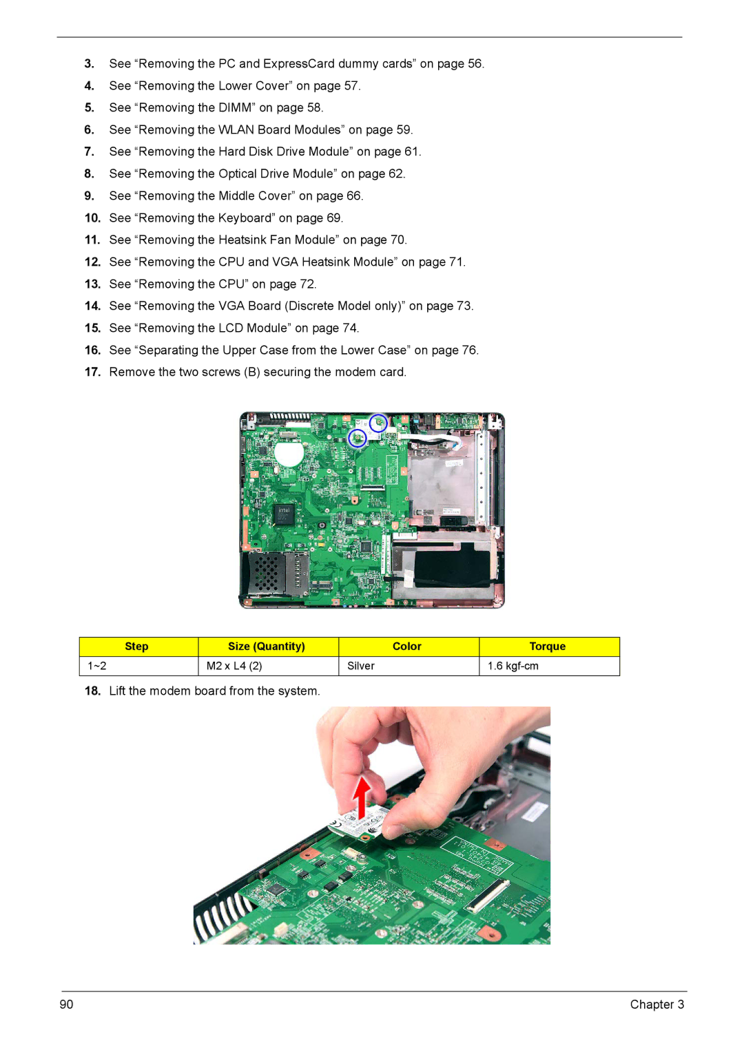 Acer 5330, 5230 manual Lift the modem board from the system 