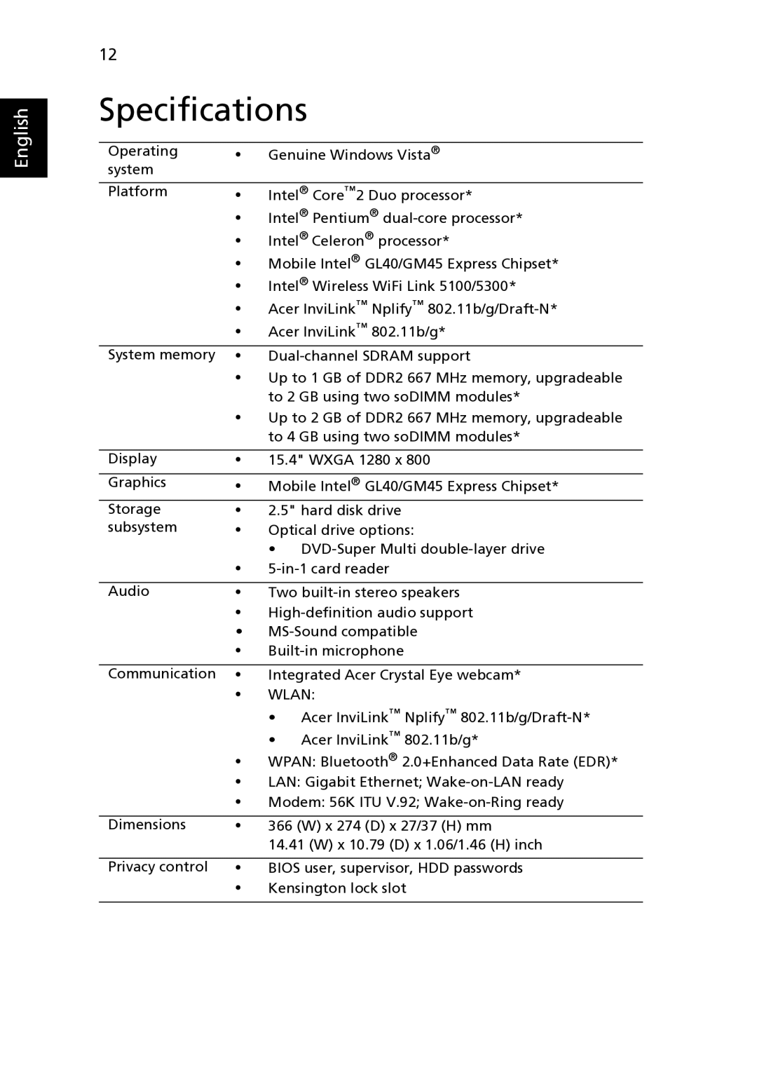 Acer 5330 Series, 5730Z Series, MS2235 manual Specifications, Wlan 