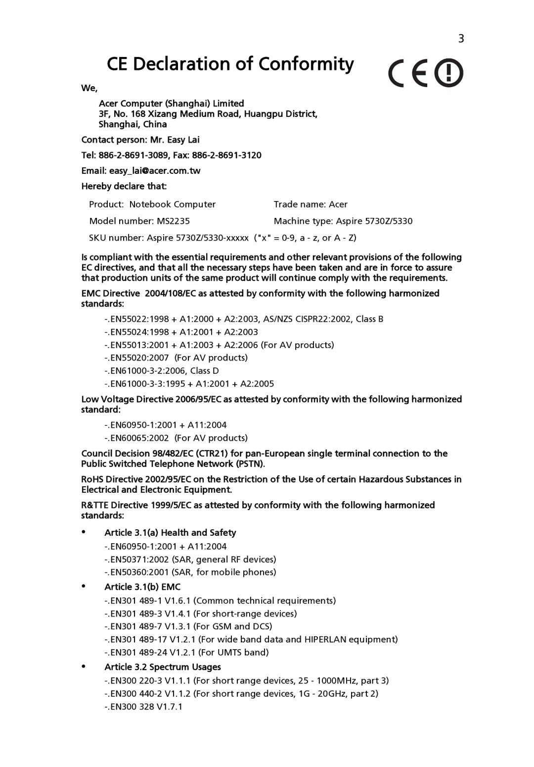 Acer 5330 Series, 5730Z Series, MS2235 manual CE Declaration of Conformity 