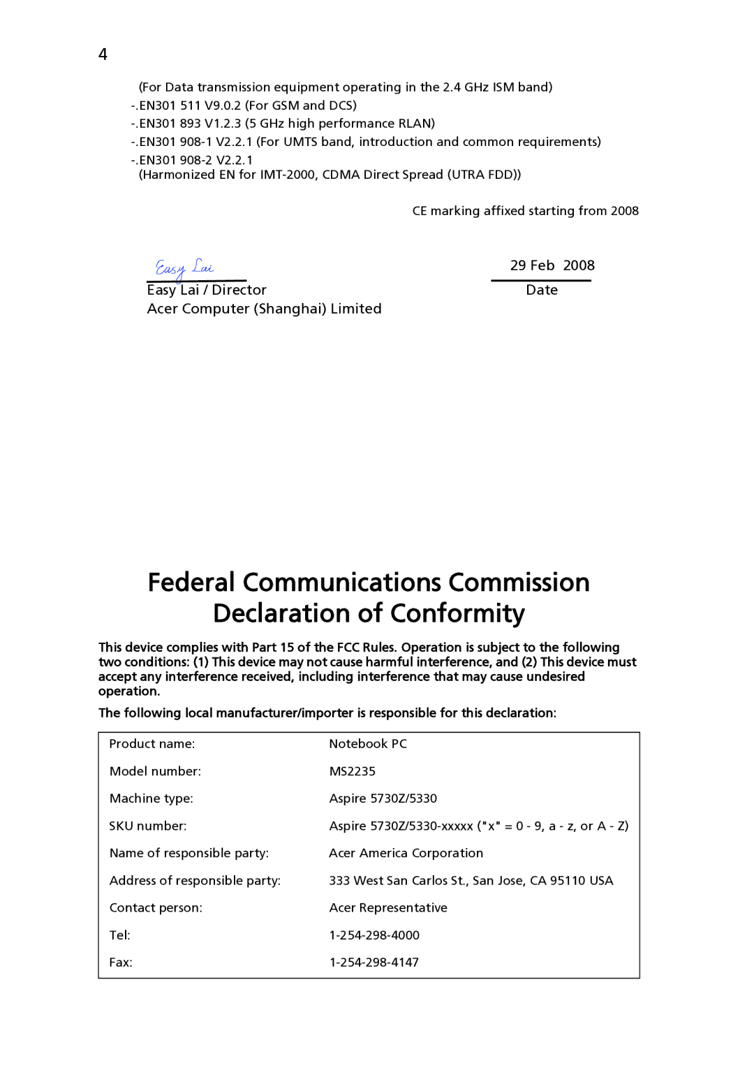 Acer 5730Z Series, 5330 Series, MS2235 manual Federal Communications Commission Declaration of Conformity 