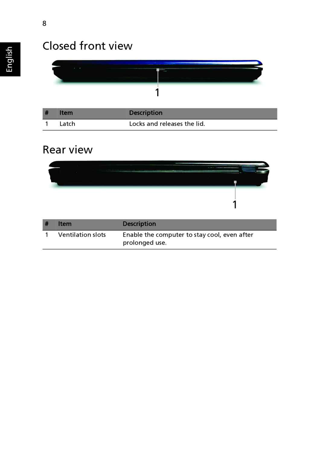 Acer MS2235, 5330 Series, 5730Z Series manual Closed front view, Rear view 