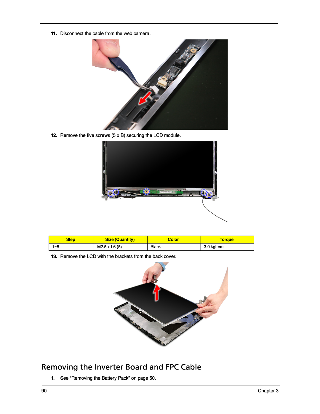 Acer 5330 manual Removing the Inverter Board and FPC Cable, Step, Size Quantity, Color, Torque 