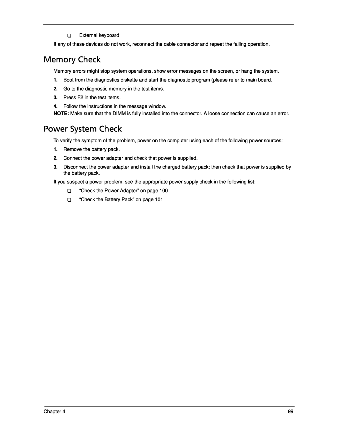 Acer 5330 manual Memory Check, Power System Check 