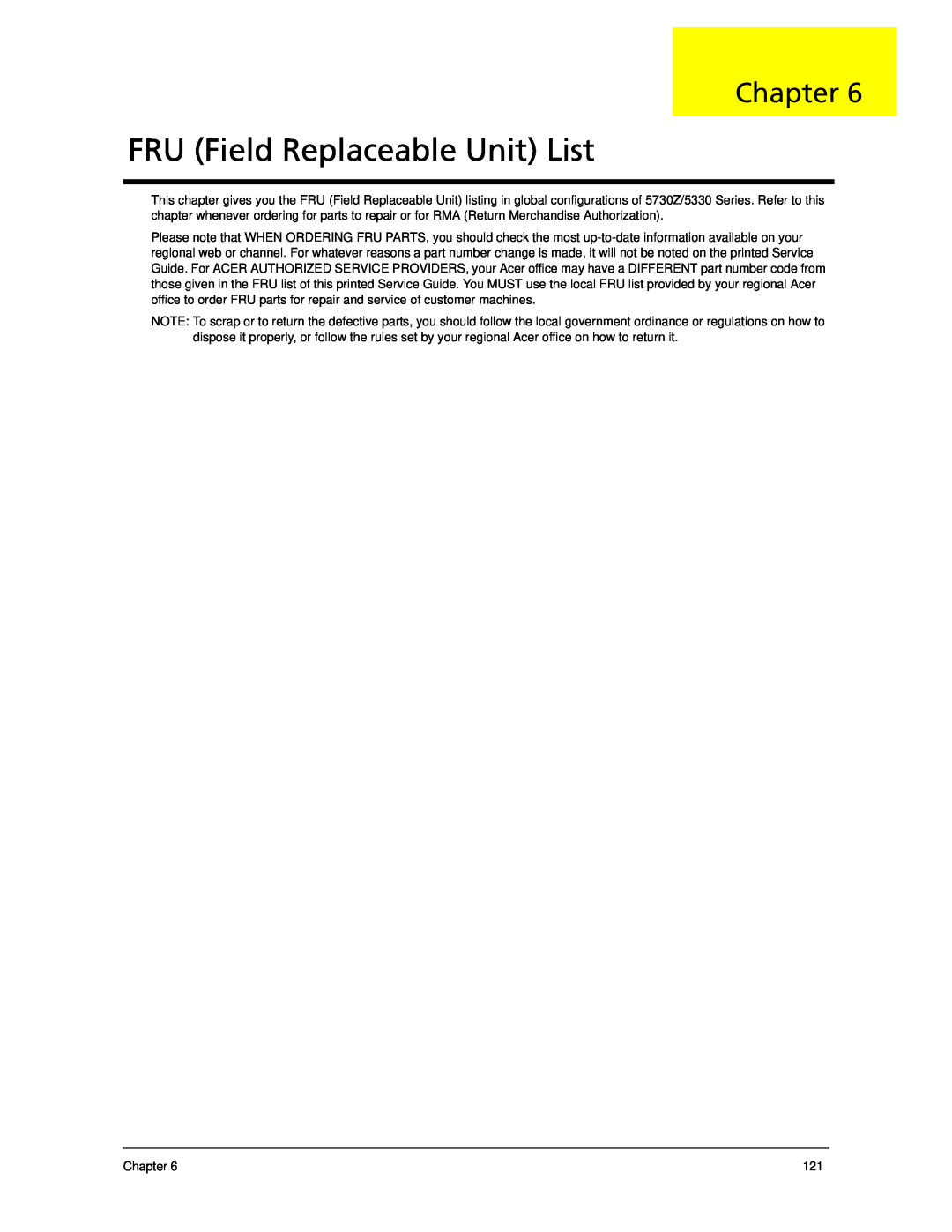 Acer 5330 manual FRU Field Replaceable Unit List, Chapter 